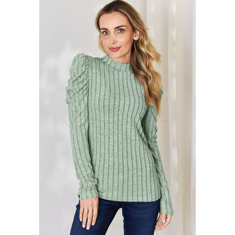 Basic Bae Full Size Ribbed Mock Neck Puff Sleeve T-Shirt Apparel and Accessories