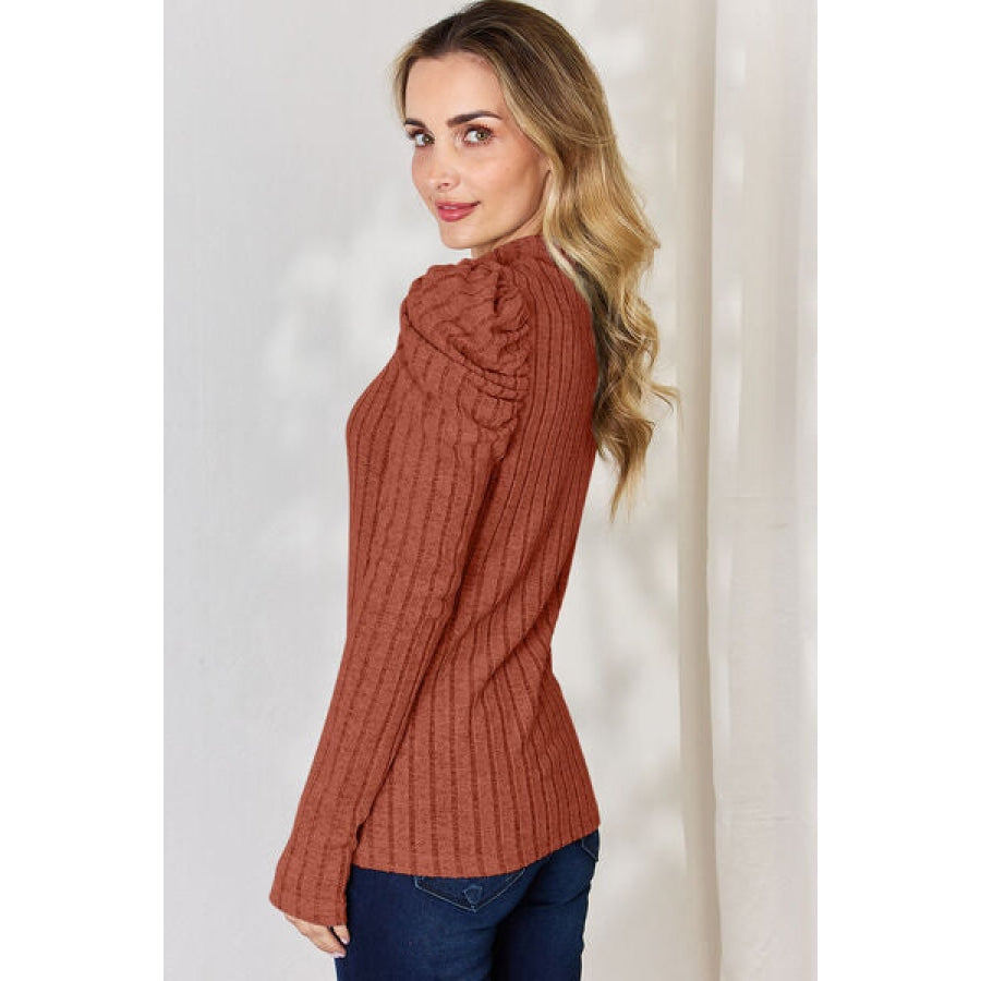 Basic Bae Full Size Ribbed Mock Neck Puff Sleeve T-Shirt Brick Red / S Apparel and Accessories