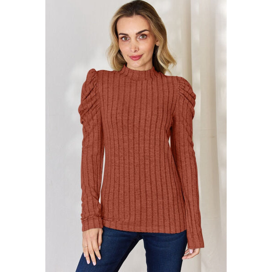 Basic Bae Full Size Ribbed Mock Neck Puff Sleeve T-Shirt Brick Red / S Apparel and Accessories