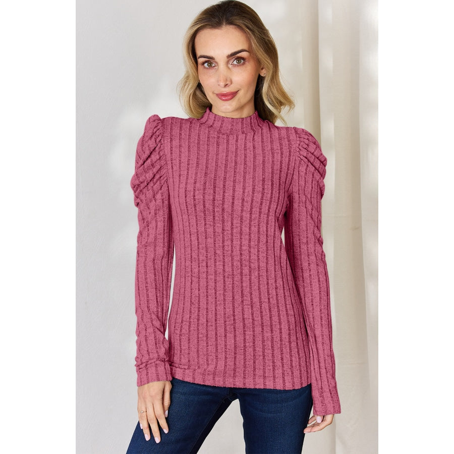 Basic Bae Full Size Ribbed Mock Neck Puff Sleeve T-Shirt Fuchsia Pink / XL Apparel and Accessories