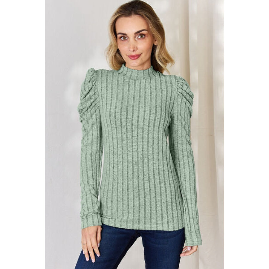Basic Bae Full Size Ribbed Mock Neck Puff Sleeve T-Shirt Gum Leaf / S Apparel and Accessories