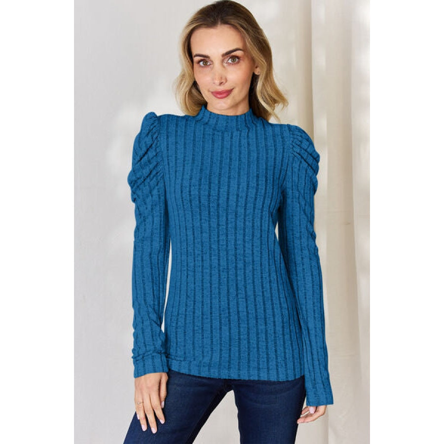 Basic Bae Full Size Ribbed Mock Neck Puff Sleeve T-Shirt Sky Blue / S Apparel and Accessories