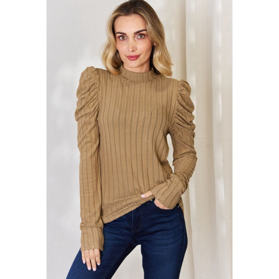 Basic Bae Full Size Ribbed Mock Neck Puff Sleeve T-Shirt Tan / S Apparel and Accessories