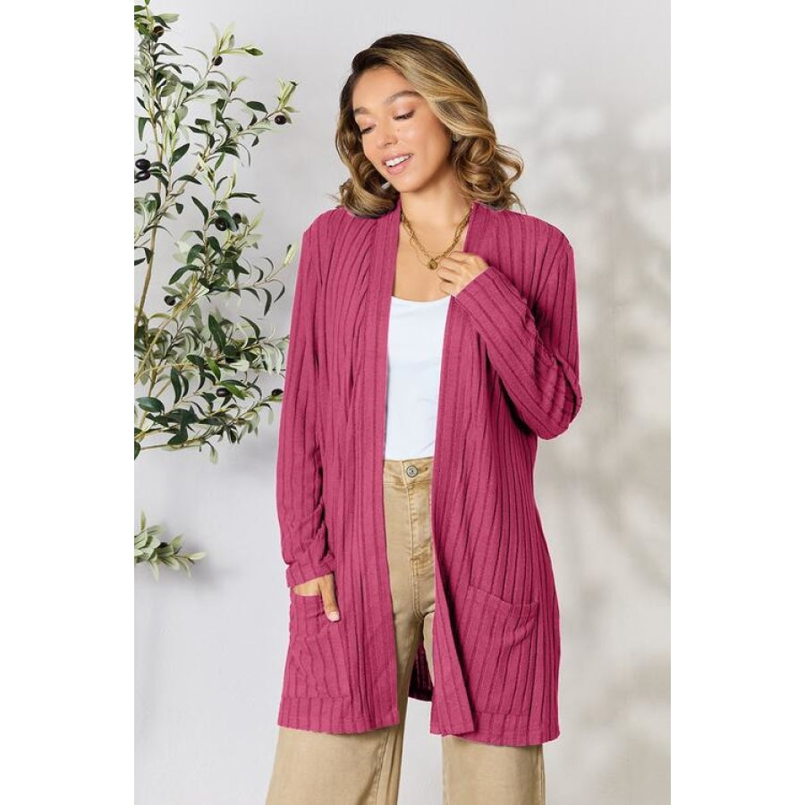 Basic Bae Full Size Ribbed Open Front Cardigan with Pockets Clothing