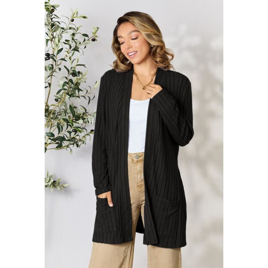 Basic Bae Full Size Ribbed Open Front Cardigan with Pockets Clothing