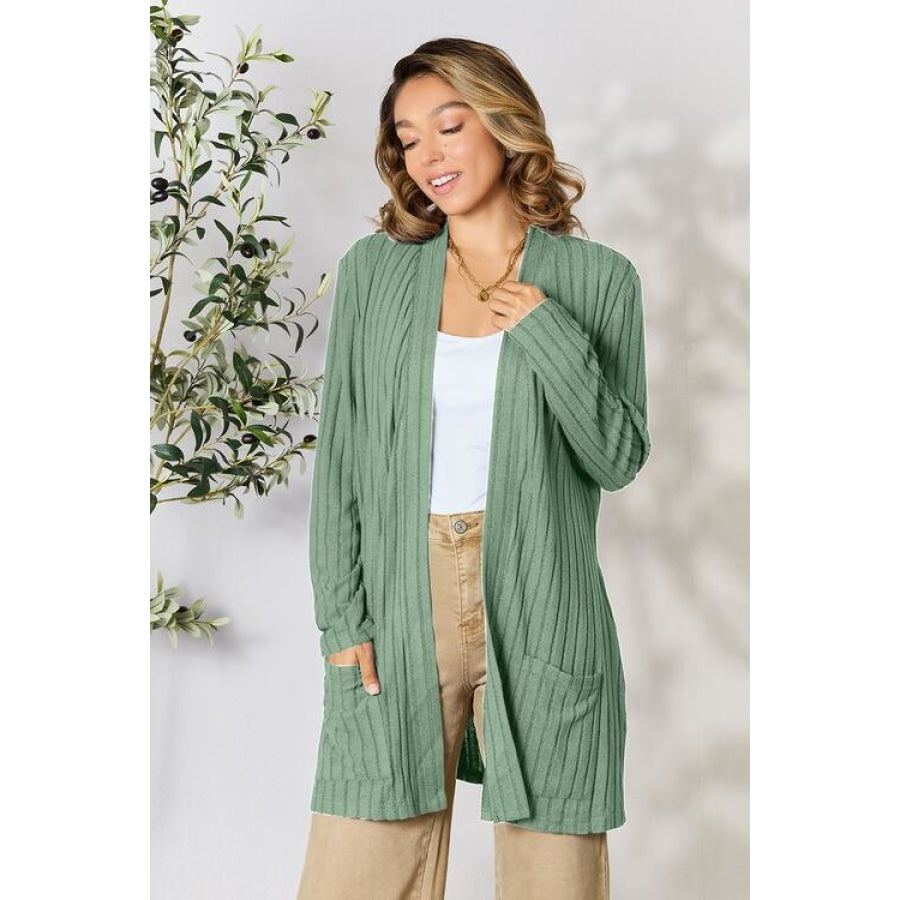 Basic Bae Full Size Ribbed Open Front Cardigan with Pockets Clothing