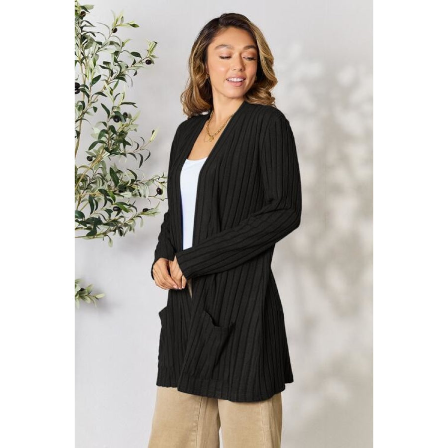 Basic Bae Full Size Ribbed Open Front Cardigan with Pockets Clothing