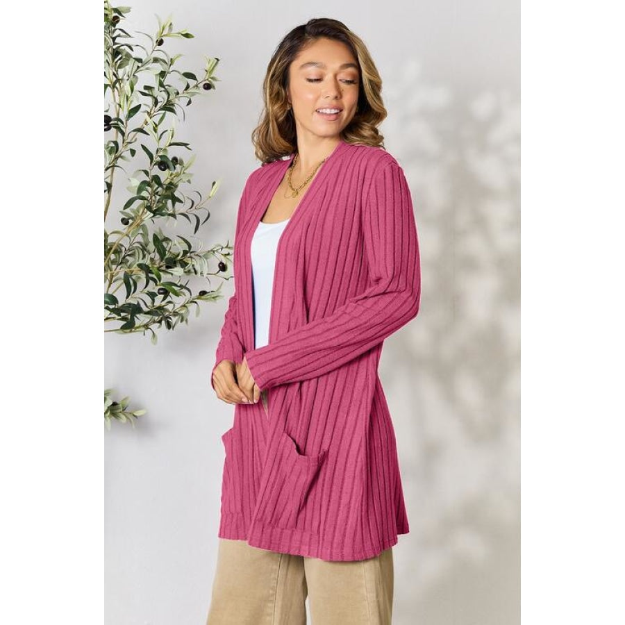 Basic Bae Full Size Ribbed Open Front Cardigan with Pockets Clothing