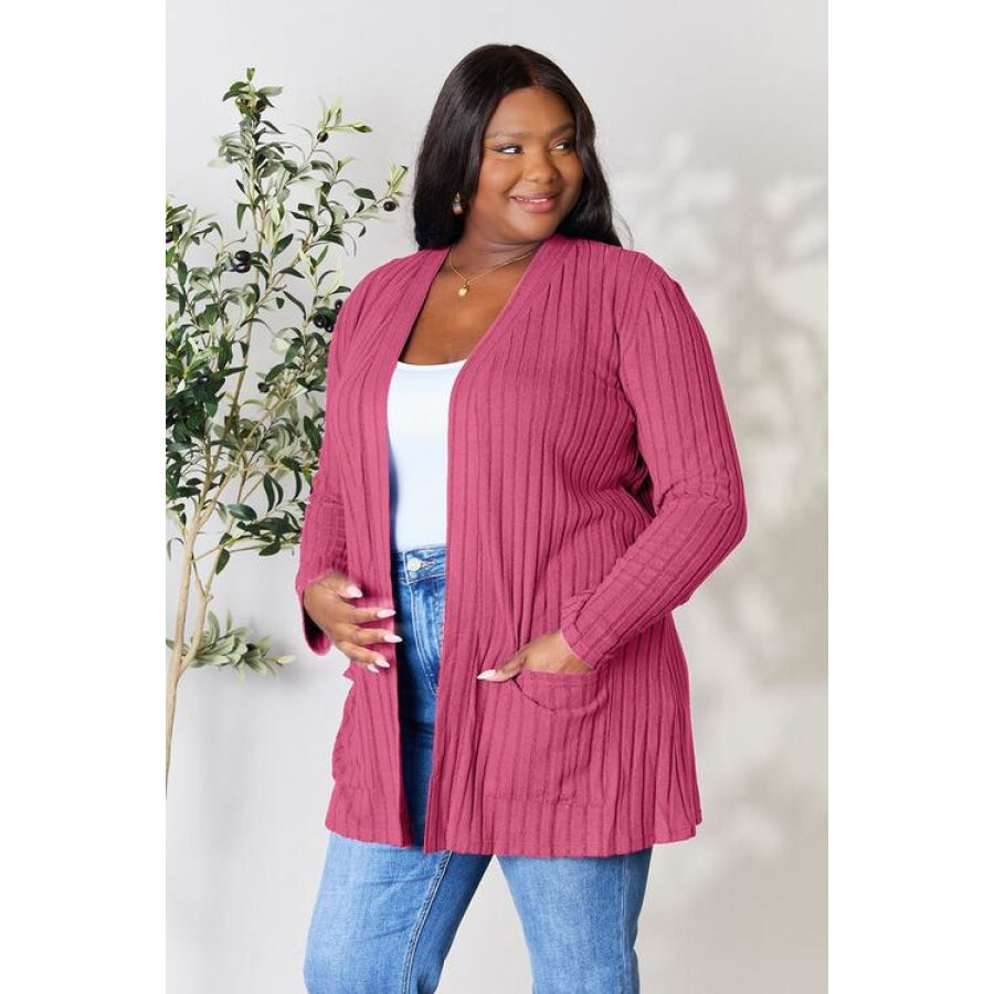 Basic Bae Full Size Ribbed Open Front Cardigan with Pockets Clothing