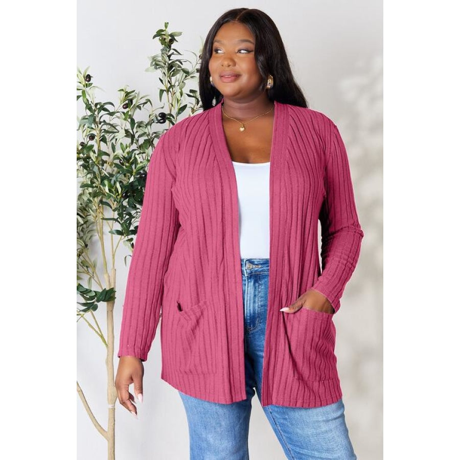 Basic Bae Full Size Ribbed Open Front Cardigan with Pockets Fuchsia Pink / S Clothing