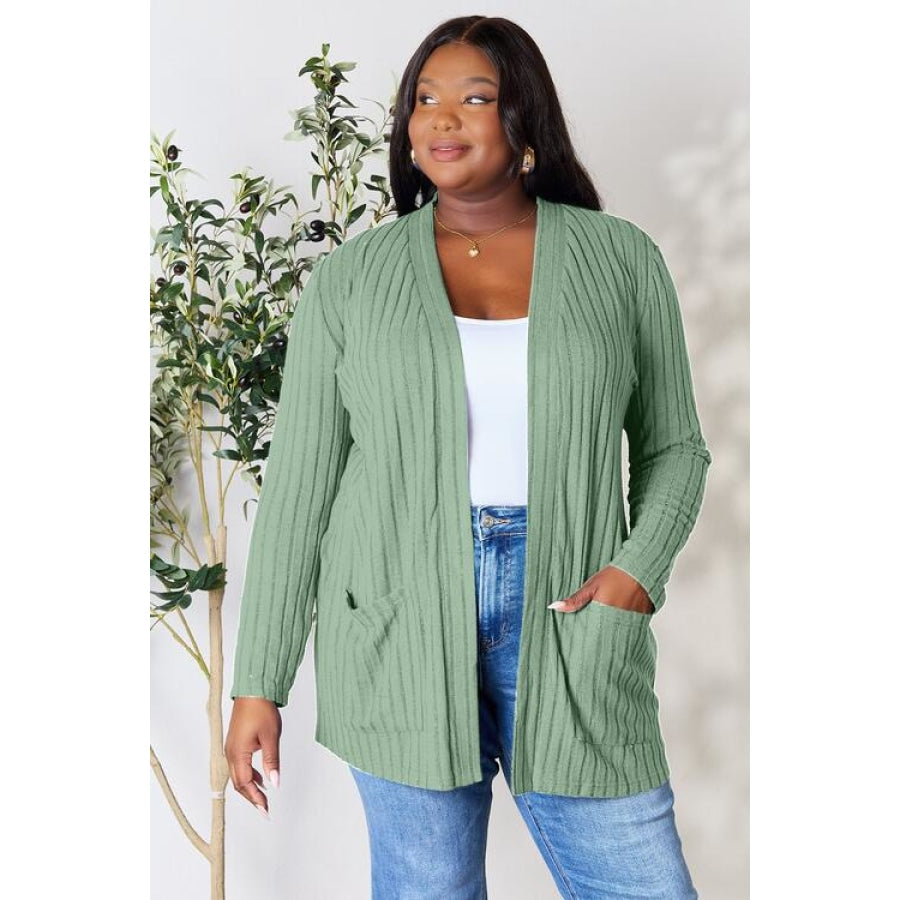 Basic Bae Full Size Ribbed Open Front Cardigan with Pockets Gum Leaf / S Clothing