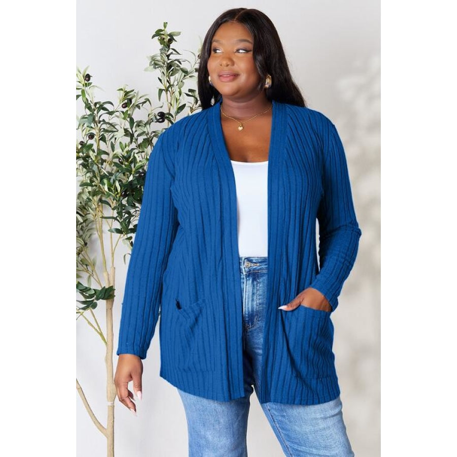 Basic Bae Full Size Ribbed Open Front Cardigan with Pockets Navy / S Clothing