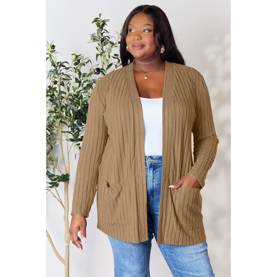 Basic Bae Full Size Ribbed Open Front Cardigan with Pockets Tan / XL Clothing