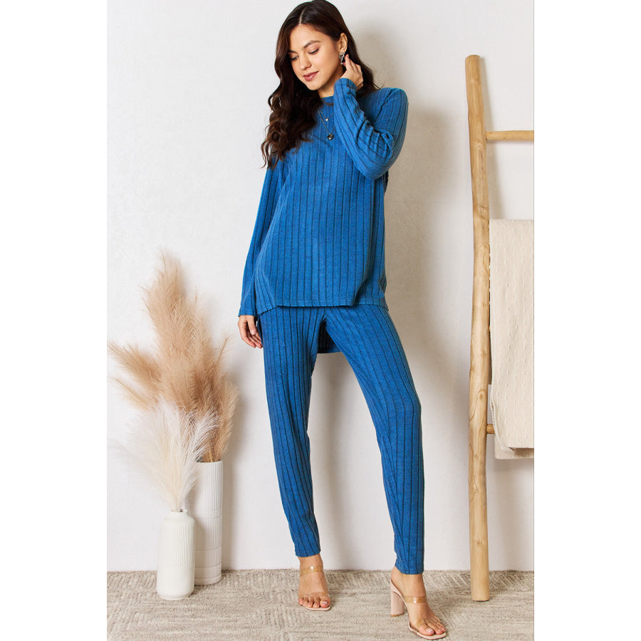 Basic Bae Full Size Ribbed Round Neck High-Low Slit Top and Pants Set Apparel and Accessories