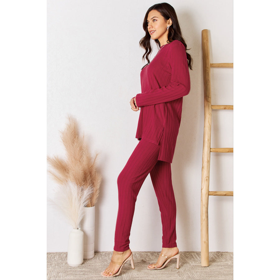 Basic Bae Full Size Ribbed Round Neck High-Low Slit Top and Pants Set Apparel and Accessories