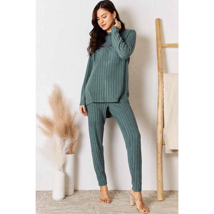 Basic Bae Full Size Ribbed Round Neck High-Low Slit Top and Pants Set Apparel and Accessories