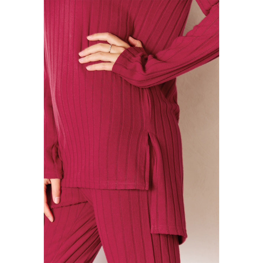 Basic Bae Full Size Ribbed Round Neck High-Low Slit Top and Pants Set Apparel and Accessories