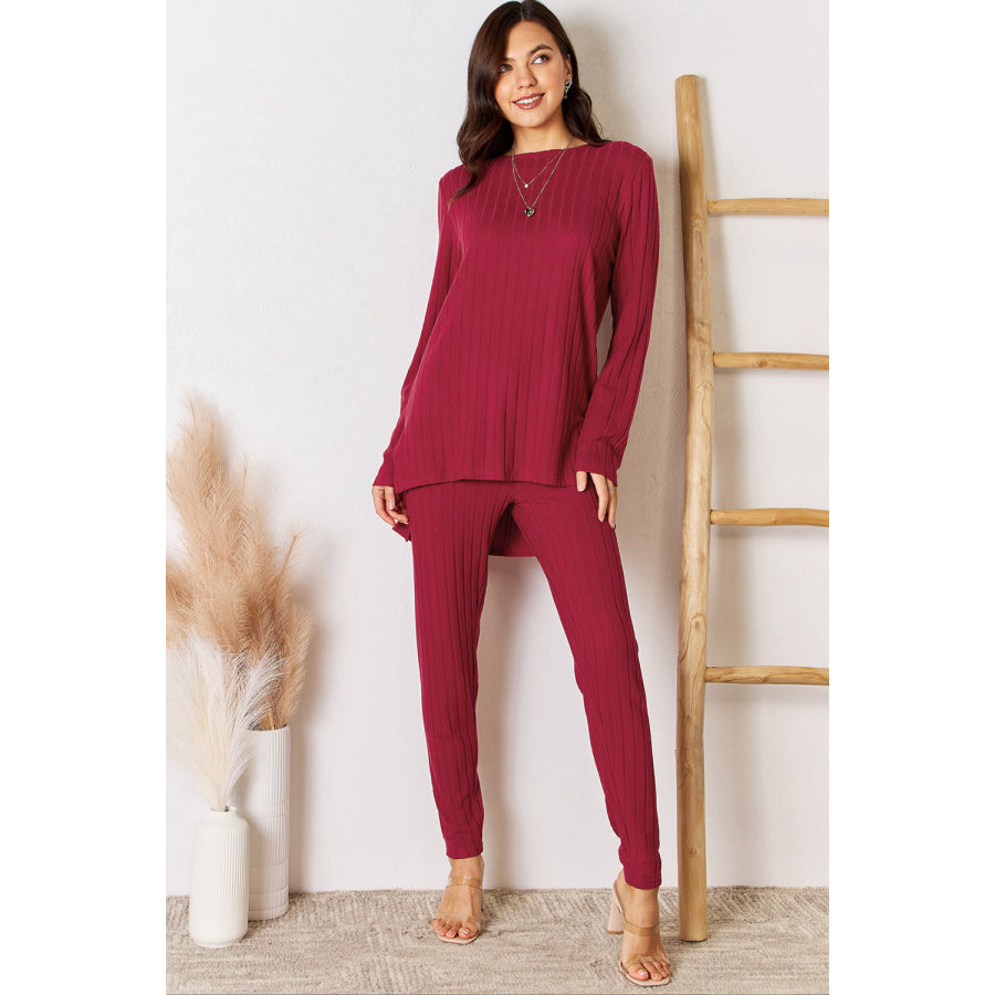 Basic Bae Full Size Ribbed Round Neck High-Low Slit Top and Pants Set Deep Red / S Apparel and Accessories