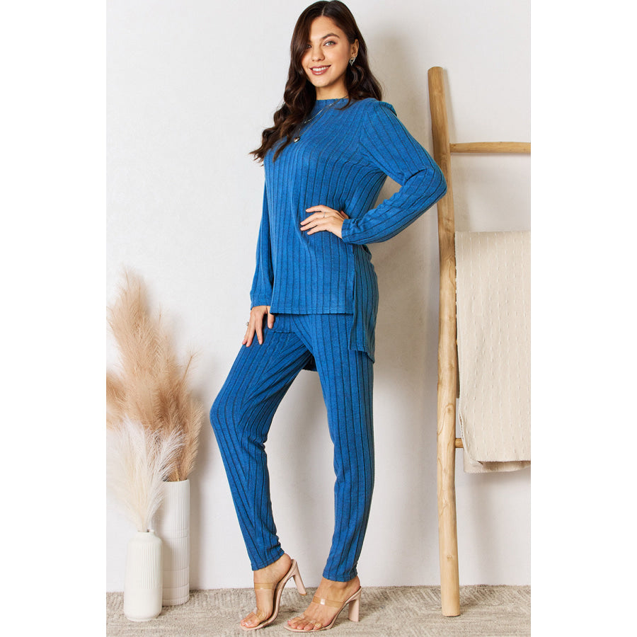 Basic Bae Full Size Ribbed Round Neck High-Low Slit Top and Pants Set Royal Blue / S Apparel and Accessories