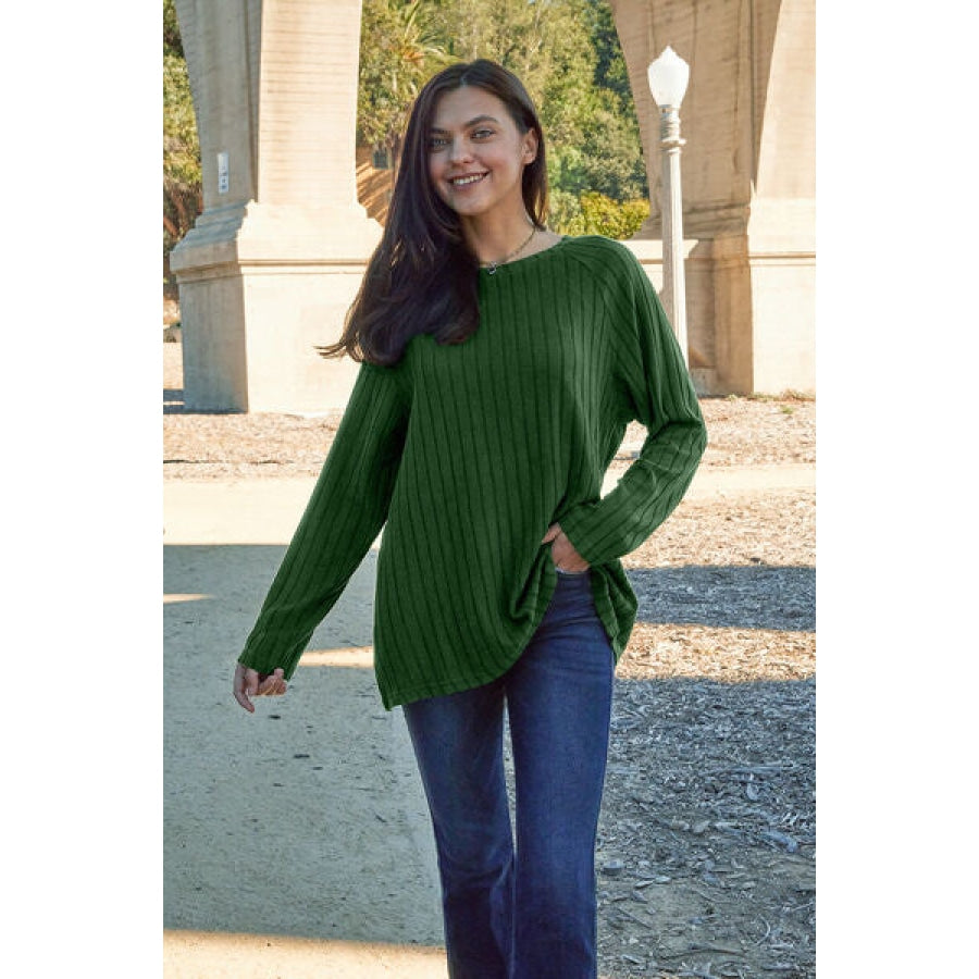 Basic Bae Full Size Ribbed Round Neck Long Sleeve Knit Top Green / S Clothing