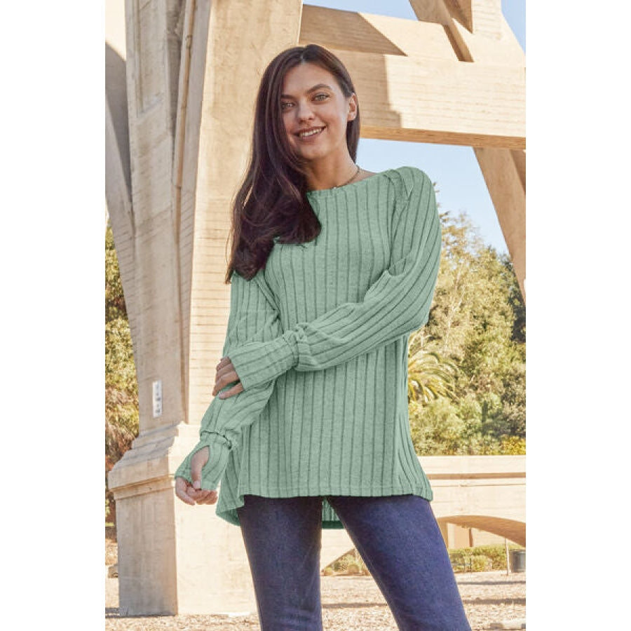 Basic Bae Full Size Ribbed Round Neck Long Sleeve Knit Top Light Green / S Clothing