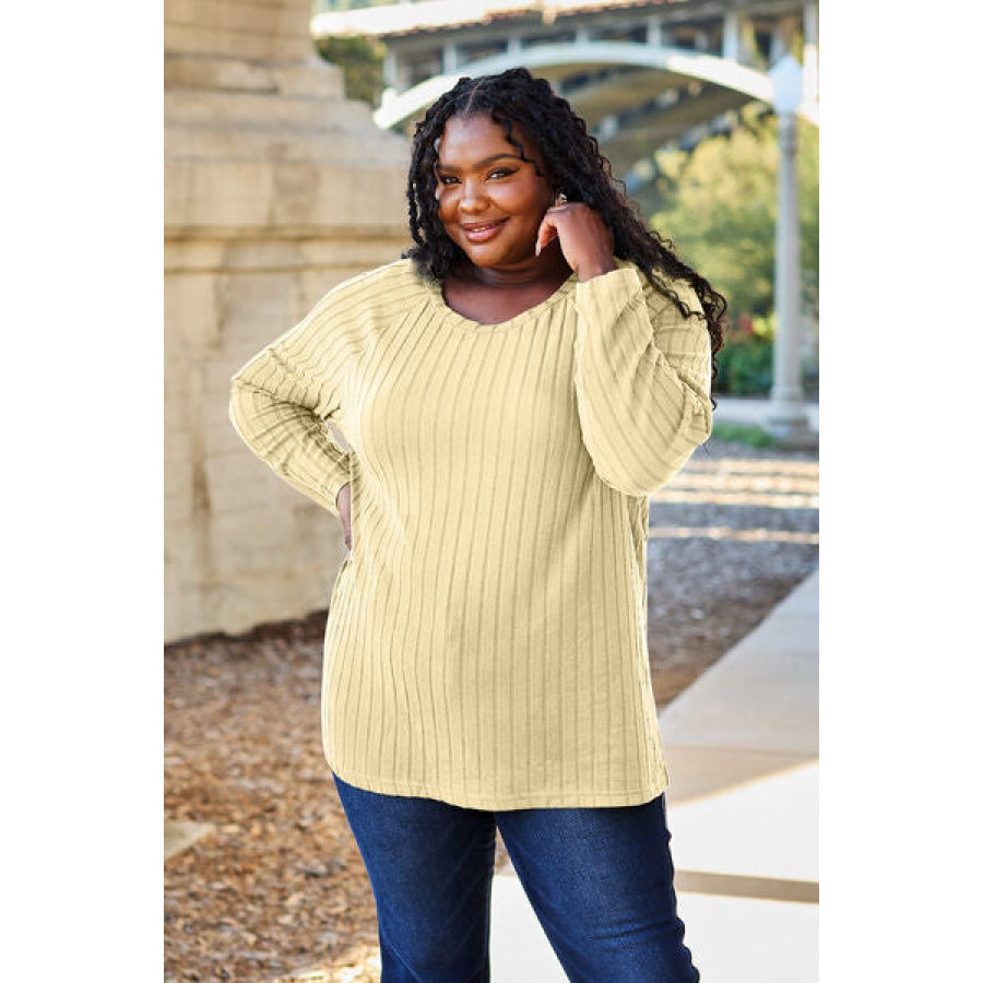 Basic Bae Full Size Ribbed Round Neck Long Sleeve Knit Top Pastel Yellow / S Clothing