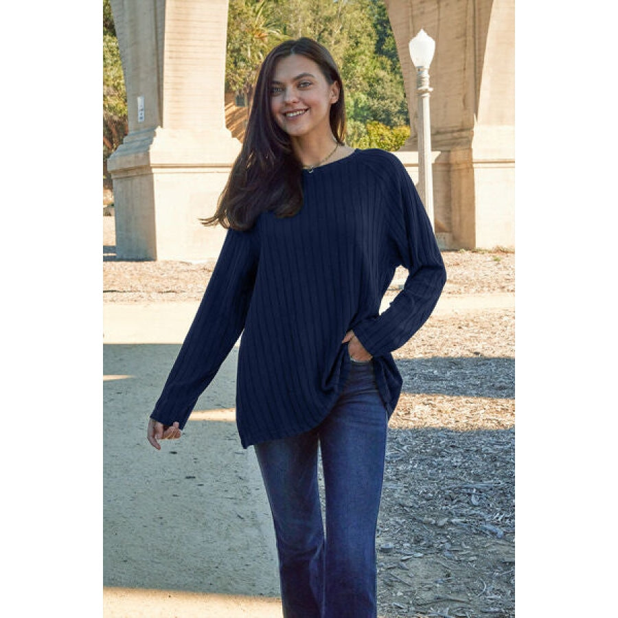 Basic Bae Full Size Ribbed Round Neck Long Sleeve Knit Top Peacock Blue / S Clothing