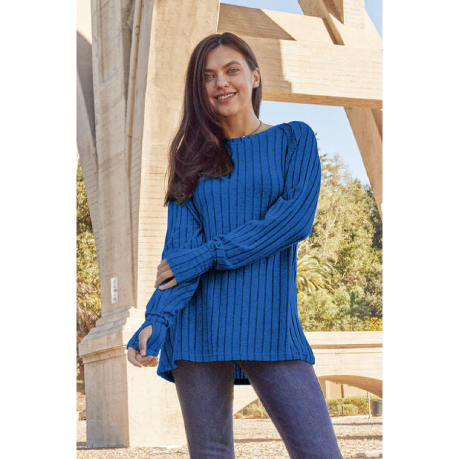 Basic Bae Full Size Ribbed Round Neck Long Sleeve Knit Top Royal Blue / S Clothing