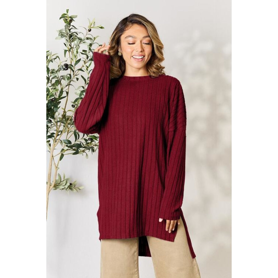 Basic Bae Full Size Ribbed Round Neck Long Sleeve Slit Top Shirts &amp; Tops