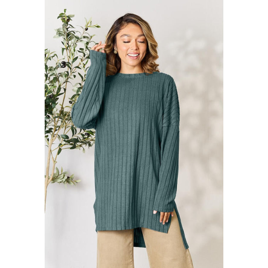 Basic Bae Full Size Ribbed Round Neck Long Sleeve Slit Top Shirts &amp; Tops