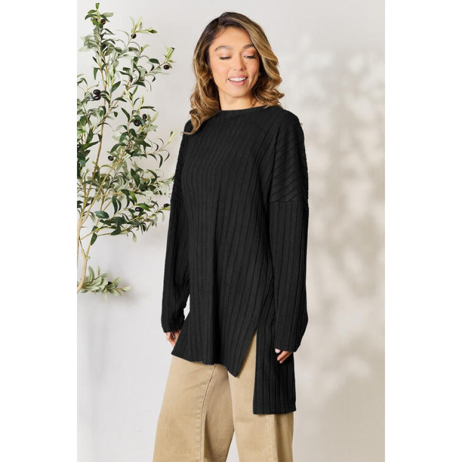 Basic Bae Full Size Ribbed Round Neck Long Sleeve Slit Top Shirts &amp; Tops