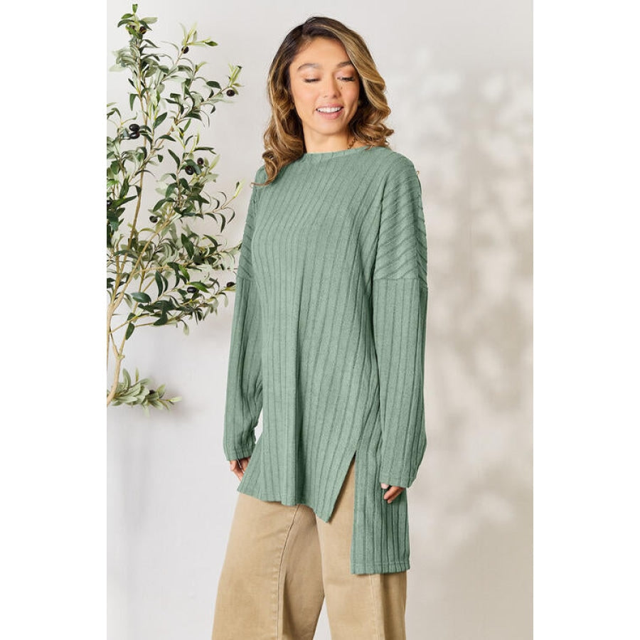 Basic Bae Full Size Ribbed Round Neck Long Sleeve Slit Top Shirts &amp; Tops