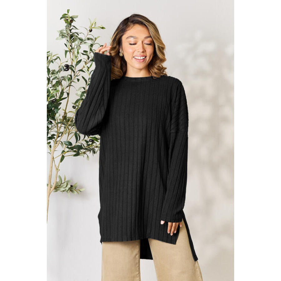 Basic Bae Full Size Ribbed Round Neck Long Sleeve Slit Top Shirts &amp; Tops