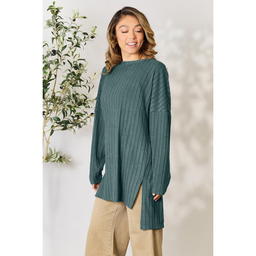 Basic Bae Full Size Ribbed Round Neck Long Sleeve Slit Top Shirts &amp; Tops