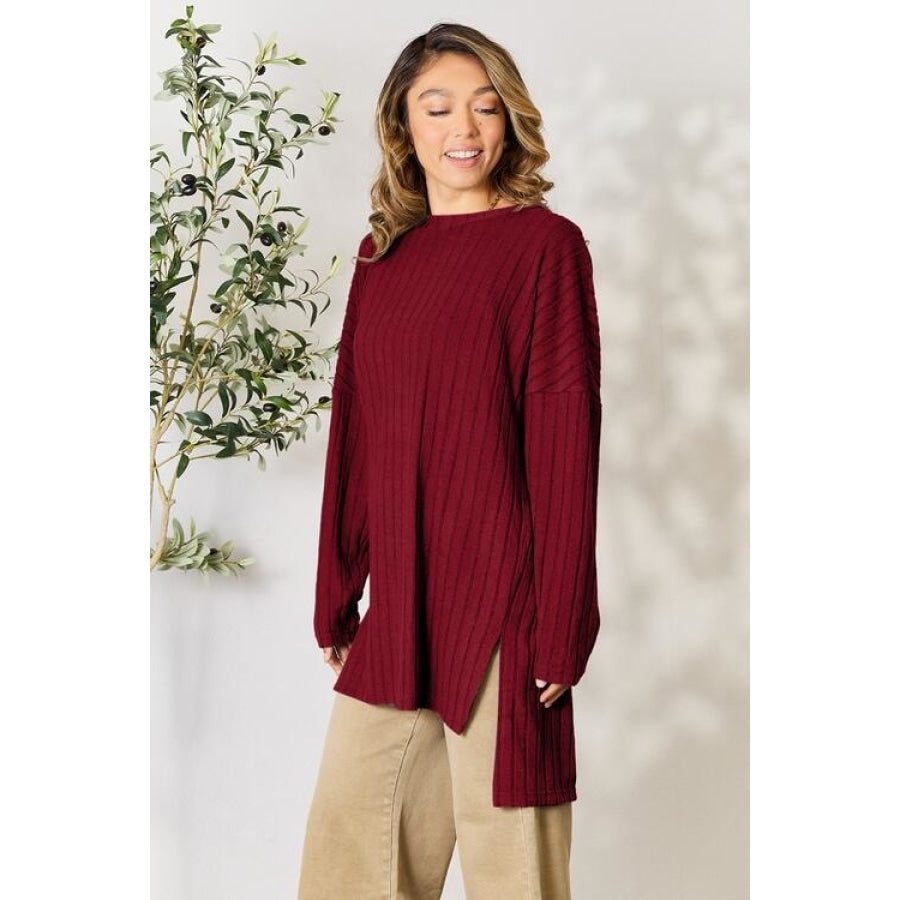 Basic Bae Full Size Ribbed Round Neck Long Sleeve Slit Top Shirts &amp; Tops