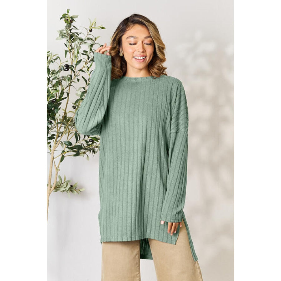 Basic Bae Full Size Ribbed Round Neck Long Sleeve Slit Top Shirts &amp; Tops