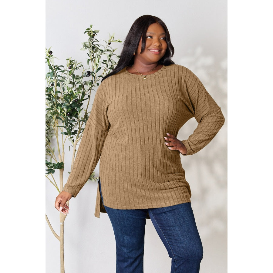 Basic Bae Full Size Ribbed Round Neck Long Sleeve Slit Top Tan / L Shirts &amp; Tops