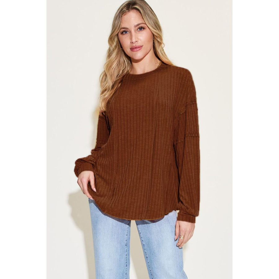 Basic Bae Full Size Ribbed Round Neck Long Sleeve T-Shirt Burnt Umber / S Apparel and Accessories