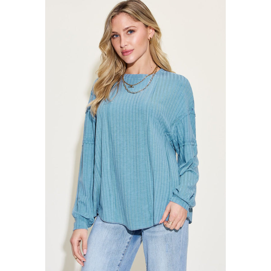 Basic Bae Full Size Ribbed Round Neck Long Sleeve T-Shirt Apparel and Accessories