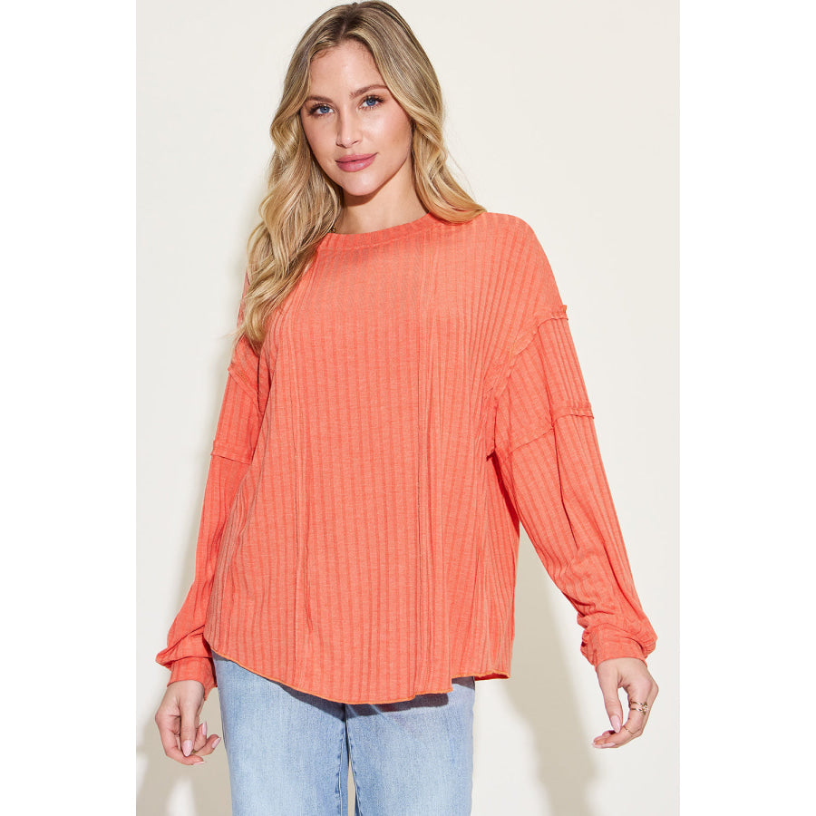 Basic Bae Full Size Ribbed Round Neck Long Sleeve T-Shirt Apparel and Accessories