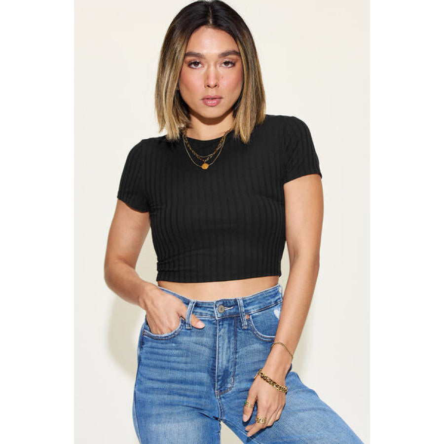 Basic Bae Full Size Ribbed Round Neck Short Sleeve T - Shirt Black / S Apparel and Accessories