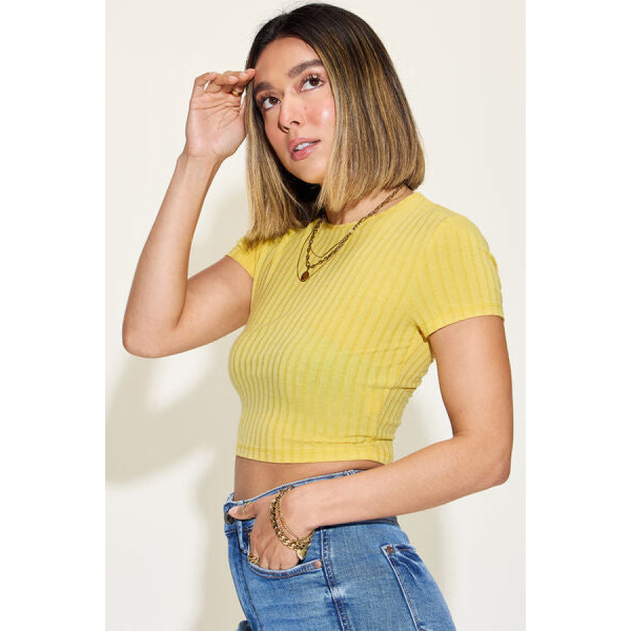 Basic Bae Full Size Ribbed Round Neck Short Sleeve T - Shirt True Yellow / S Apparel and Accessories