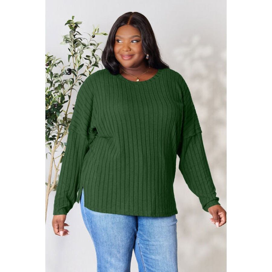 Basic Bae Full Size Ribbed Round Neck Slit Knit Top Green / S Clothing
