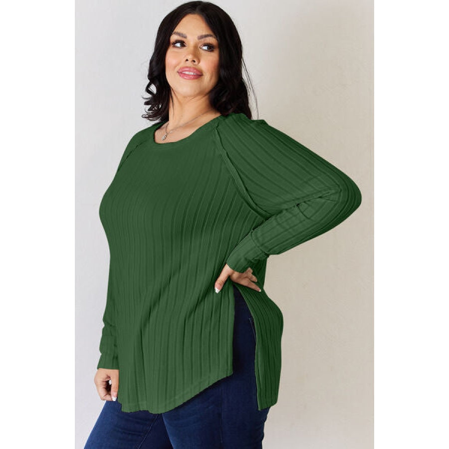 Basic Bae Full Size Ribbed Round Neck Slit T-Shirt Apparel and Accessories
