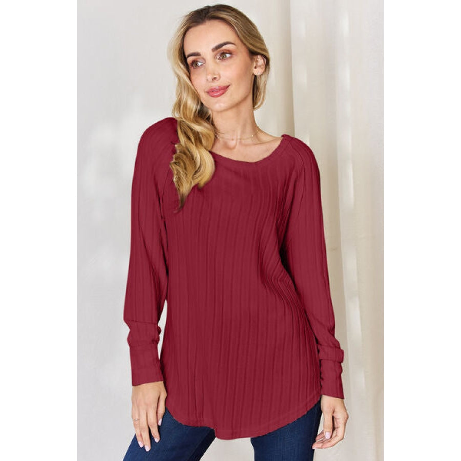 Basic Bae Full Size Ribbed Round Neck Slit T-Shirt Deep Red / S Apparel and Accessories