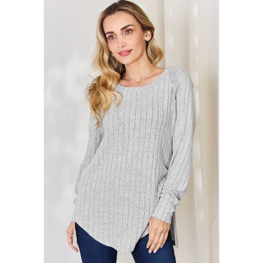 Basic Bae Full Size Ribbed Round Neck Slit T-Shirt Light Gray / S Apparel and Accessories