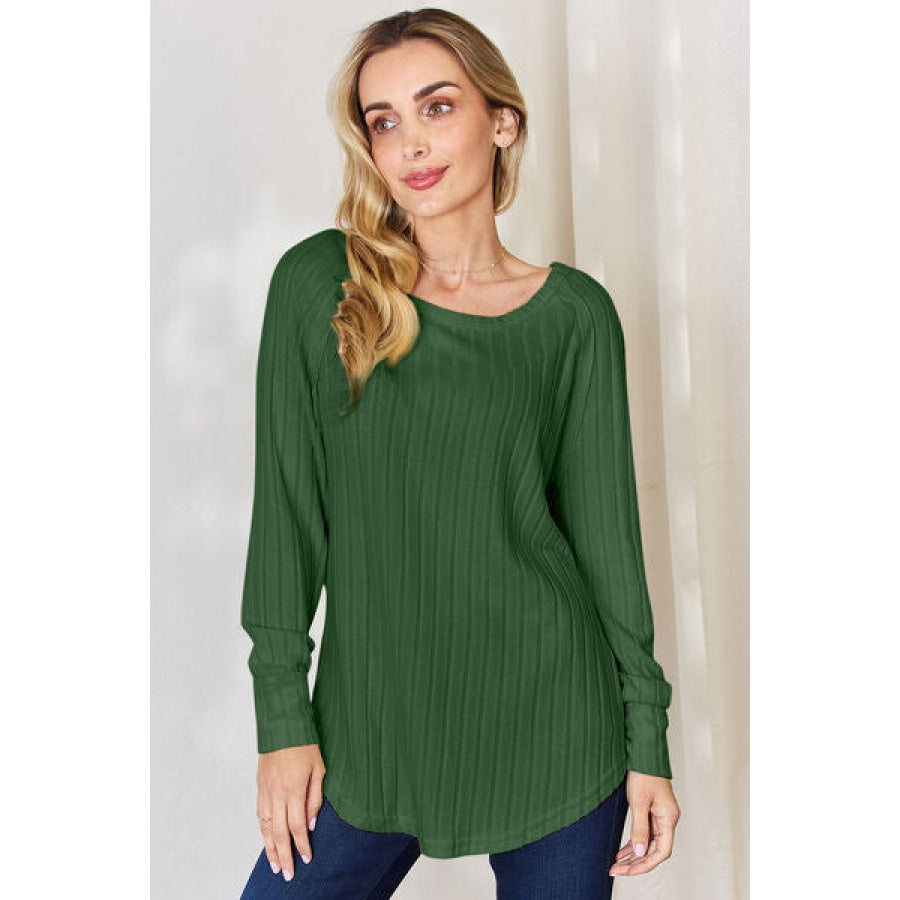 Basic Bae Full Size Ribbed Round Neck Slit T-Shirt Mid Green / S Apparel and Accessories