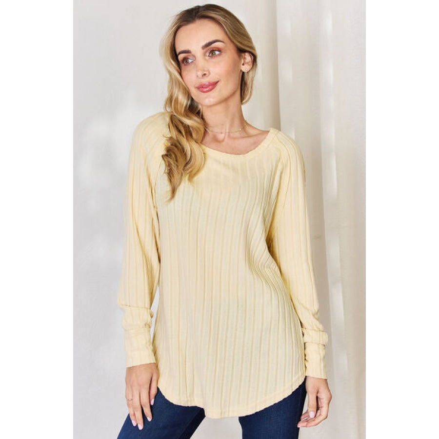 Basic Bae Full Size Ribbed Round Neck Slit T-Shirt Pastel Yellow / S Apparel and Accessories