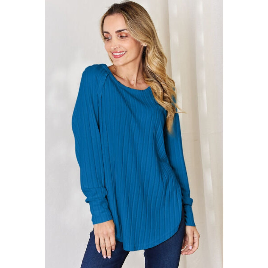 Basic Bae Full Size Ribbed Round Neck Slit T-Shirt Sky Blue / S Apparel and Accessories