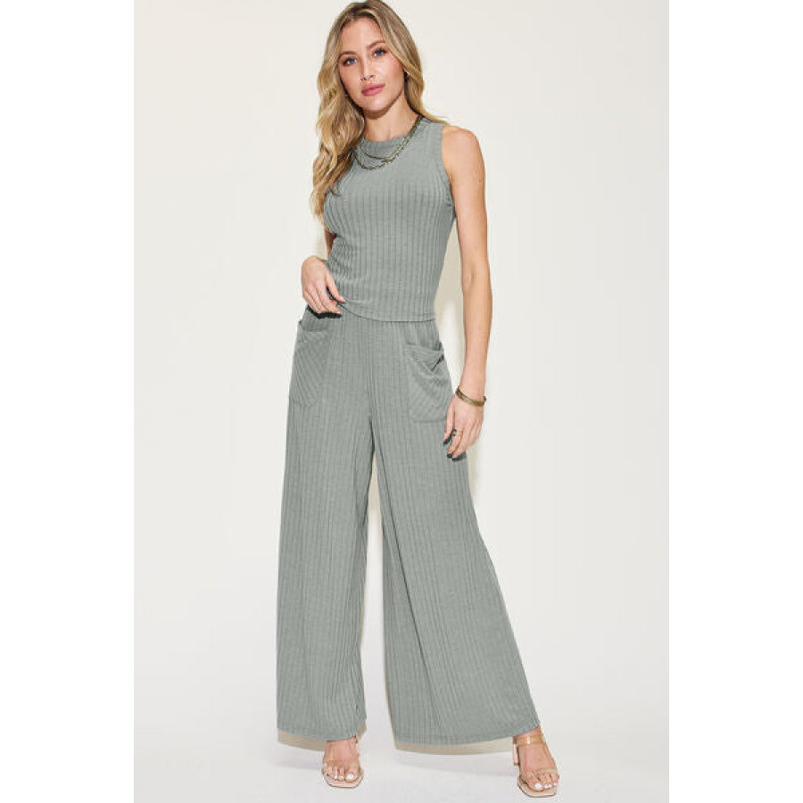 Basic Bae Full Size Ribbed Tank and Wide Leg Pants Set Heather Gray / S Apparel Accessories